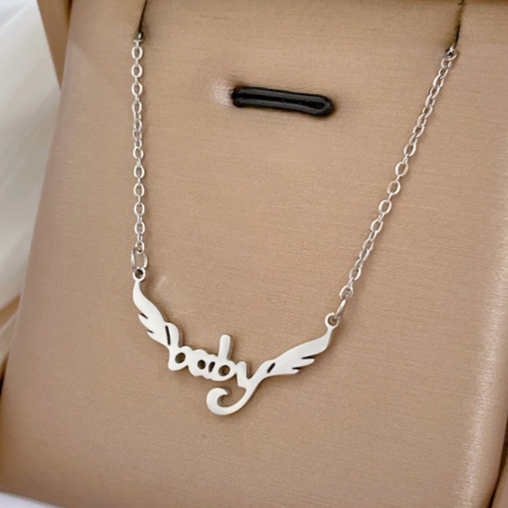 18K White Gold (Rhodium) “Baby” Nameplate With Wings Pendant Necklace No Fade